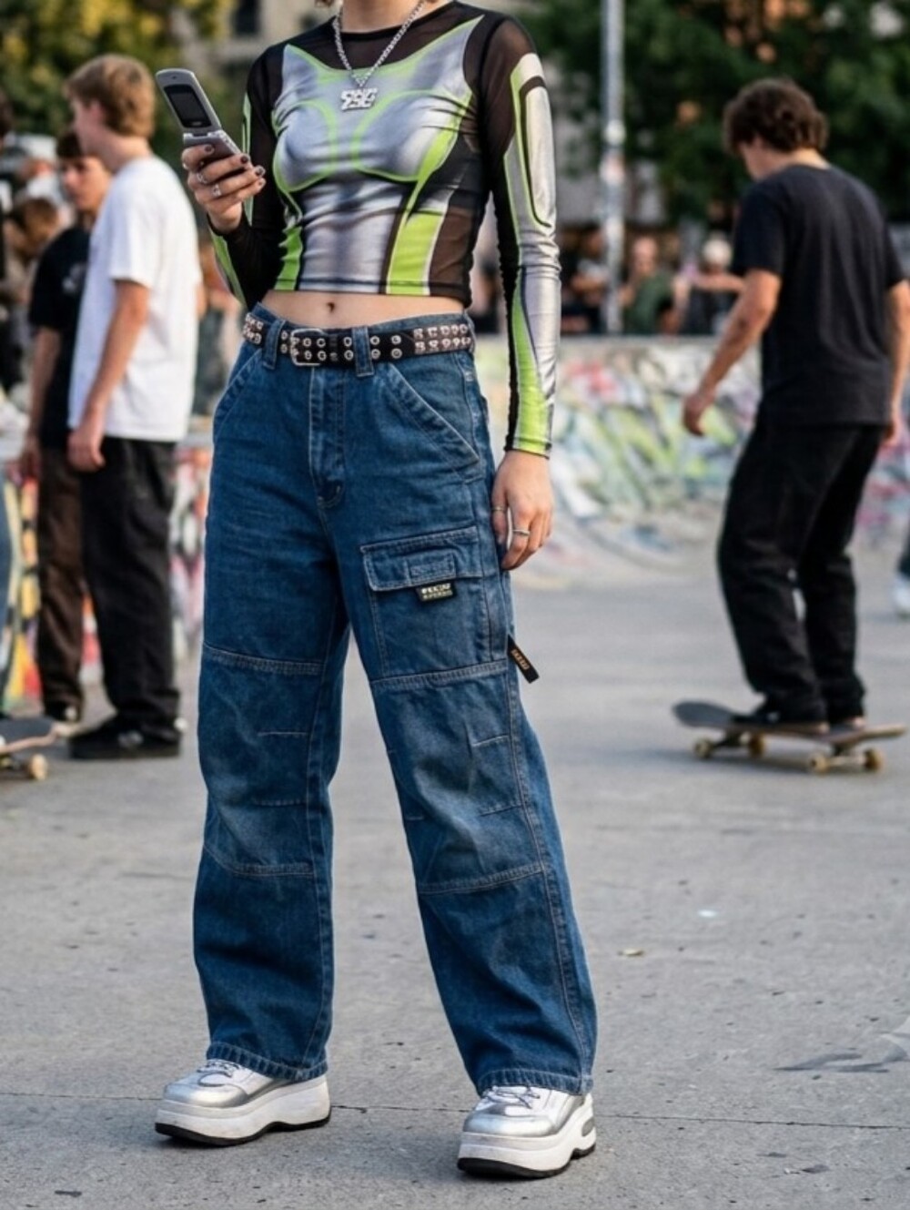 Wide-Leg Cargo Jeans in Dark Blue - Women's